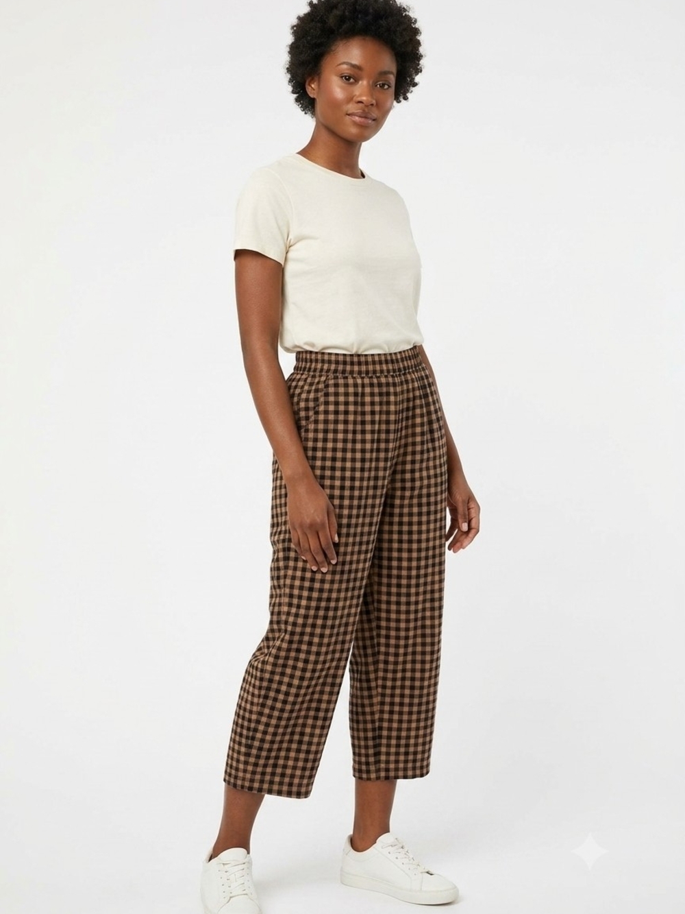 Checked Wide-Leg Crop Pants in Brown